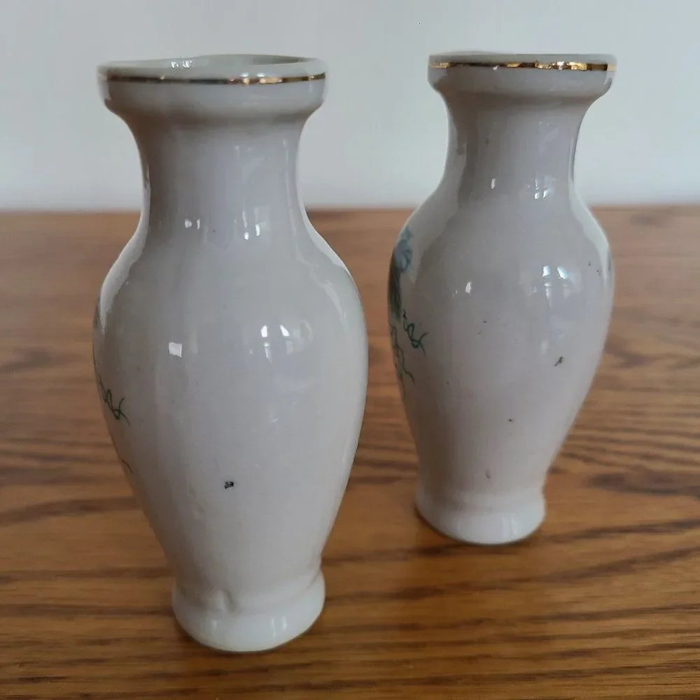 Mini Porcelain Ceramic Bud Vase Pair Grapevine and Leaf Design Vintage 1970s